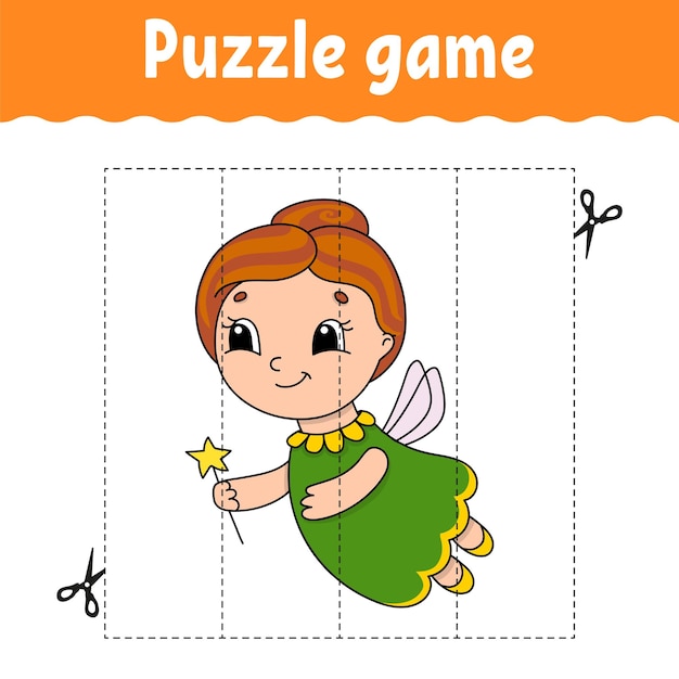 Juego de rompecabezas para niños Práctica de corte Hoja de trabajo de desarrollo educativo Página de actividad personaje de dibujos animados