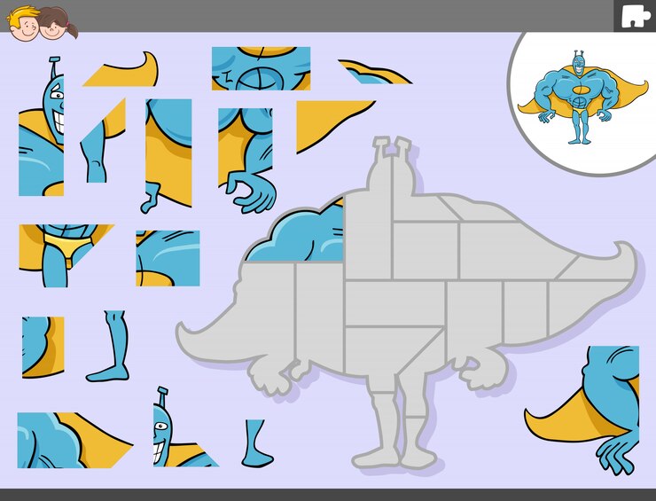 Vector juego de rompecabezas con personaje de fantasía de superhéroe