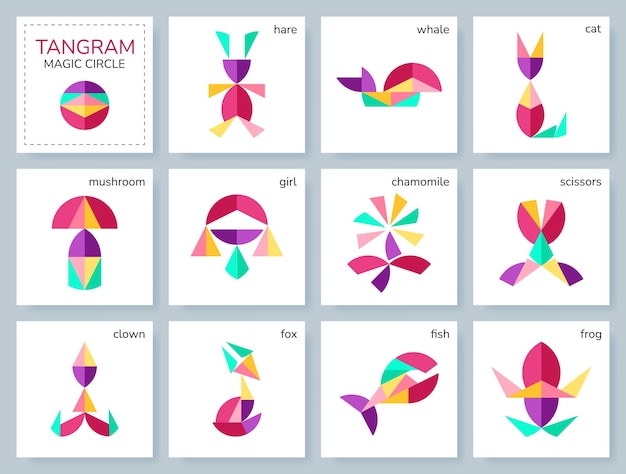Juego de rompecabezas Tangram para niños Colección geométrica colorida con objetos aislados Círculo mágico