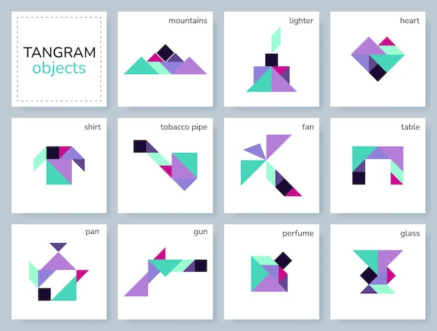 Juego de rompecabezas de Tangram para niños Colección geométrica colorida con objetos aislados Iconos de Tangram