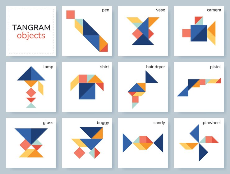 Vector juego de rompecabezas de tangram para niños colección geométrica colorida con objetos aislados iconos de tangram