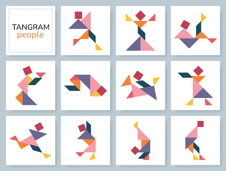 Vector juego de rompecabezas tangram para niños colección geométrica colorida con personas aisladas en varias poses