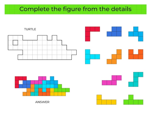 Juego de rompecabezas con Turtle. Detalles coloridos para niños. Figura completa. Juego educativo para niños.