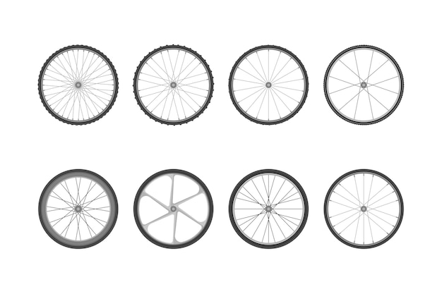 Juego de ruedas de bicicleta con diferentes neumáticos. Ilustración de vector aislado en estilo plano