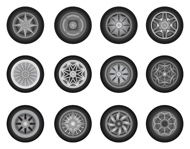 Juego de ruedas de coche Neumáticos de verano o invierno para conducir en diferentes condiciones climáticas Icono de disco de rueda aislado sobre fondo blanco Diseño de llantas de automóvil