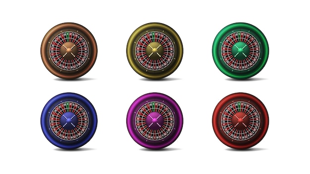 Un juego de ruedas de ruleta realistas en amarillo, azul, marrón, verde, morado y rojo sobre un fondo blanco.