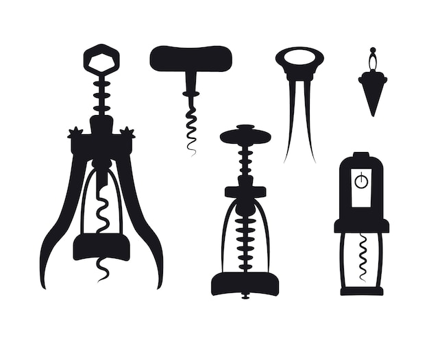 Juego de sacacorchos. 5 elementos para abrir botellas de vino. tapón para vino, champagne, aceite de oliva. silueta en blanco y negro. ilustración vectorial. icono para diseño web