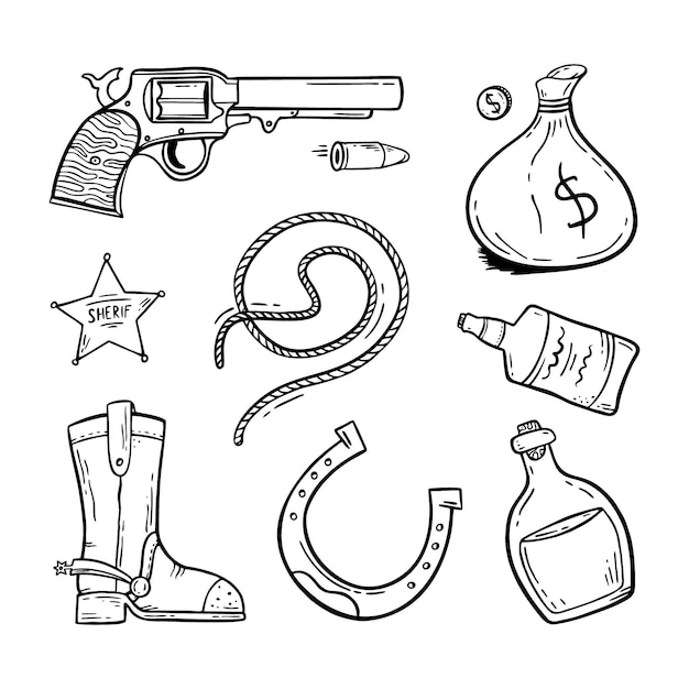Juego del Salvaje Oeste Dibujado a mano en estilo garabato Bueno para imprimir Símbolo del concepto occidental Vector aislado