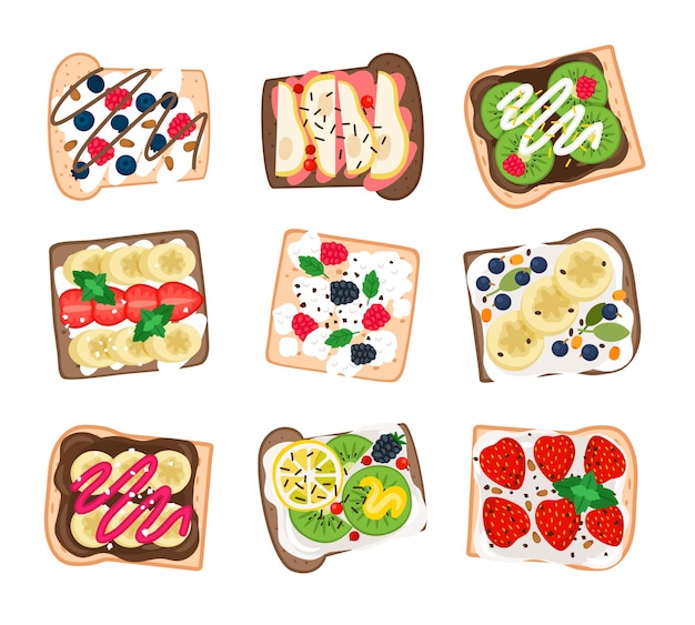 Juego de sándwich de frutas. Hamburguesas de dibujos animados con menta fresca y plátanos, limón y kiwi, fresas y peras, ilustración vectorial de sabrosas hamburguesas aisladas sobre fondo blanco