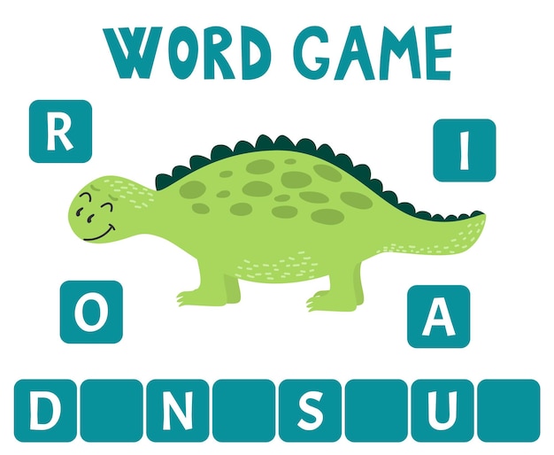 Juego de scrable de ortografía con ilustración de palabra dinosaurio Juego divertido educativo para niños que encuentra la letra que falta