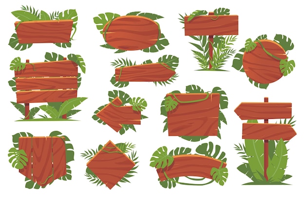 Juego de selva tablas de señalización de madera Vintage plank pointers con plantas y hojas exóticas marcos tropicales follaje de palma y lianas pancartas de guía de información Vector signposts set