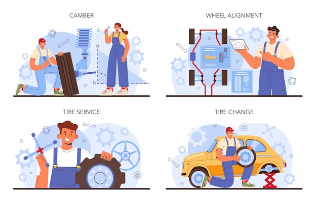 Vector juego de servicio de neumáticos de coche. trabajador cambiando un neumático de un coche. diagnóstico de comba y alineación. mecánico que cambia los neumáticos de un vehículo. ilustración vectorial plana