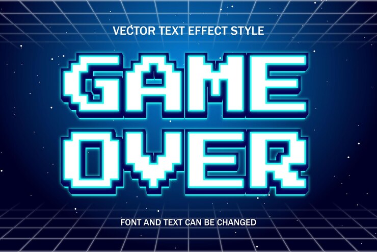 Vector juego sobre pixelart 3d efecto de texto editable estilo de fuente retro vintage juegos plantilla diseño de fondo