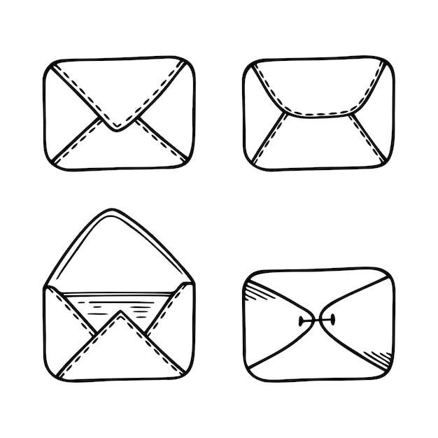 Juego de sobres de papel dibujados a mano para cartas aisladas en un fondo blanco