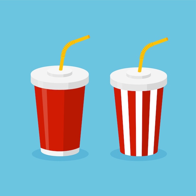 Juego de soda vaso desechable de plástico con pajita Bebida carbonatada de comida rápida Ilustración vectorial