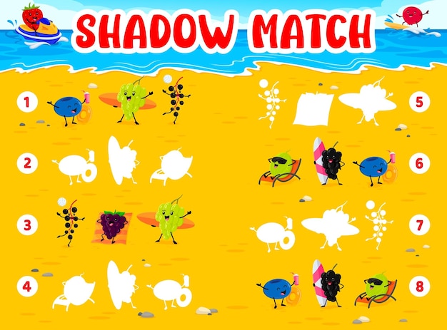 Juego de sombras Caricatura de personajes divertidos de bayas en la playa de verano Búsqueda de sombras hoja de trabajo de cuestionario vectorial con fresa uva arándanos y grosella negra grosella espinosa cowberry personaje de vacaciones