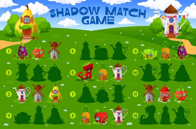 Vector juego de sombras con casas de cuento de hadas de dibujos animados