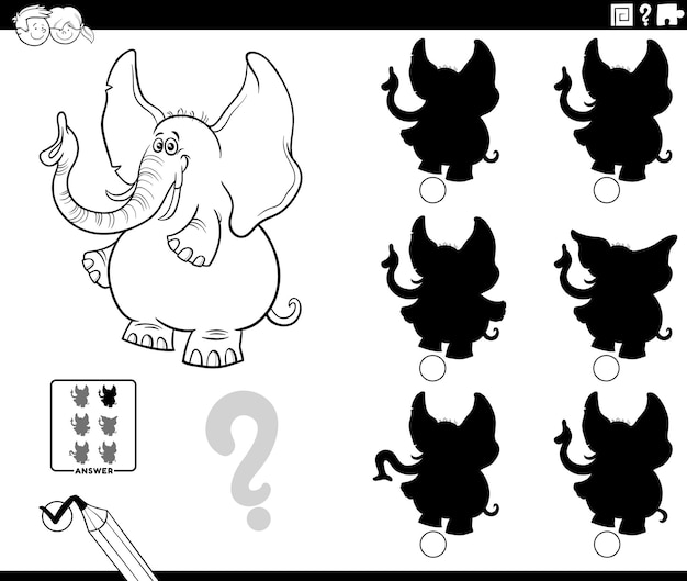 juego de sombras con dibujos animados elefante animal página de colorear