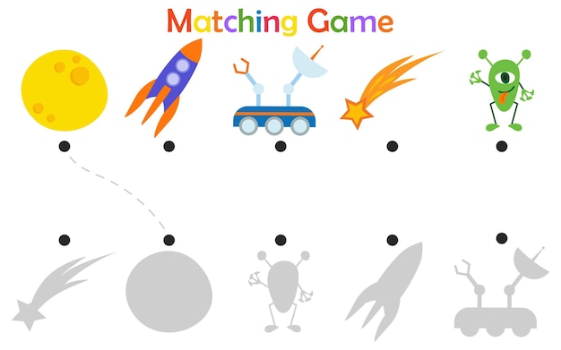 Juego de sombras para niños imágenes coloreadas de cohetes luna alienígena encontrar las partidas página imprimible