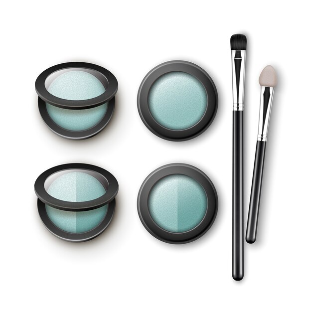 Juego de sombras de ojos gris azul claro en estuche de plástico transparente negro redondo con aplicadores de pinceles de maquillaje Vista superior aislada