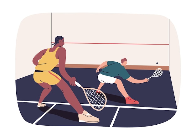 Juego de squash en la cancha Los jugadores que sostienen raquetas golpean la pelota contra la pared Los socios de actividad deportiva juegan raquetbol de entrenamiento en el gimnasio Ilustración vectorial plana aislada sobre fondo blanco