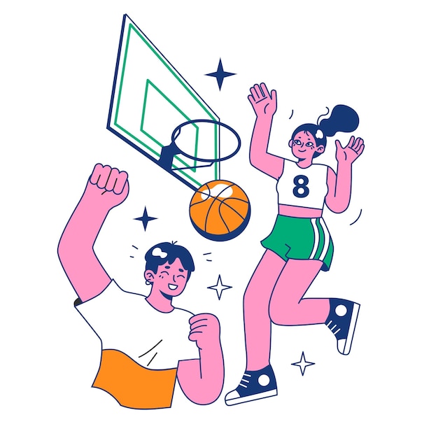 Juego de streetball Los jugadores del equipo juegan baloncesto afuera Personajes adolescentes o adultos jóvenes en ropa deportiva juegan con una pelota Ilustración de vector plano