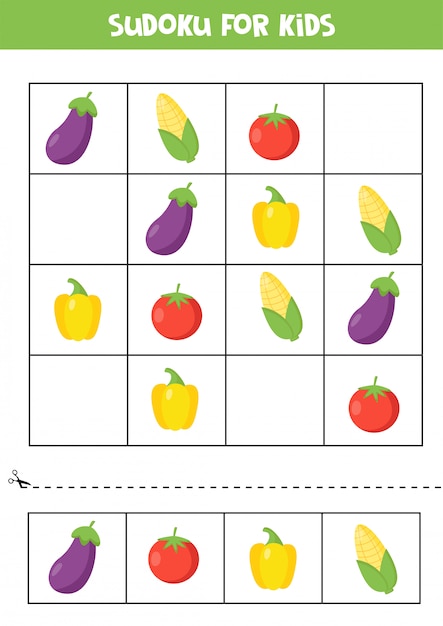 Juego de sudoku con berenjenas, maíz, tomate y pimiento.