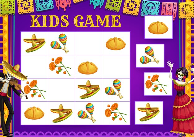 Juego de sudoku del día de los muertos, rompecabezas de bloques de educación para niños de vector. combina el juego educativo, el acertijo y la prueba de atención con esqueletos, sombrero, maracas y caléndula de la festividad mexicana del día de muertos.