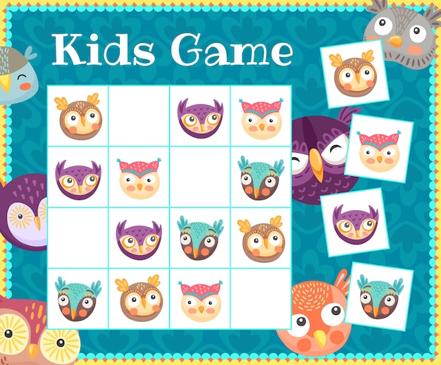 Juego de sudoku para niños, búho lindo de dibujos animados o pájaros mochuelos