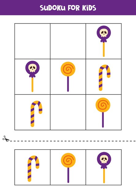 Juego de Sudoku para niños con dulces de Halloween.