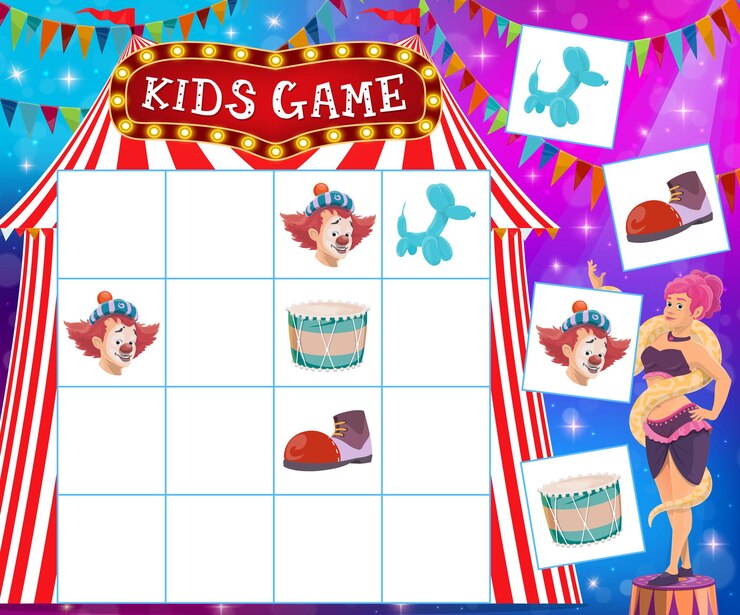 Vector juego de sudoku para niños con elementos de circo, rompecabezas o laberinto