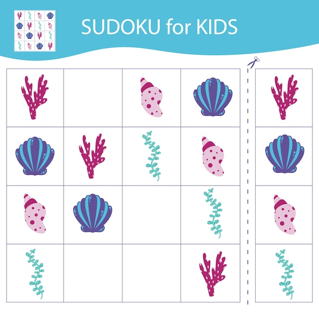 Juego de Sudoku para niños. Elementos del mundo submarino. Vector, dibujos animados