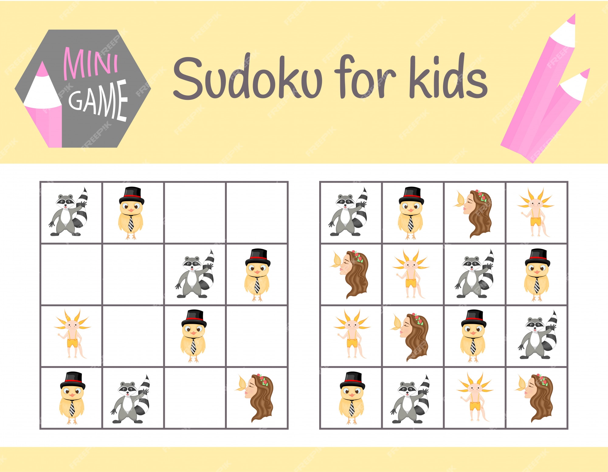 Juego de sudoku para niños con fotos y sábanas aprendizaje de lógica, juego educativo. | Vector