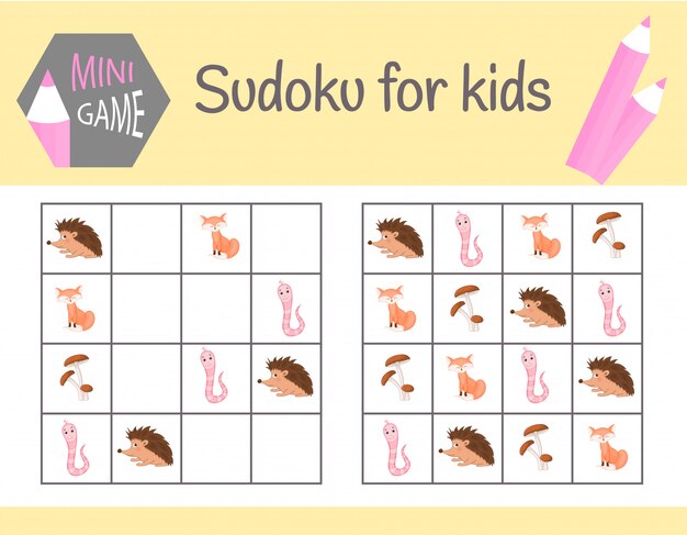 Juego de sudoku para niños con imágenes y animales. Sábanas infantiles. Aprendiendo lógica, juego educativo