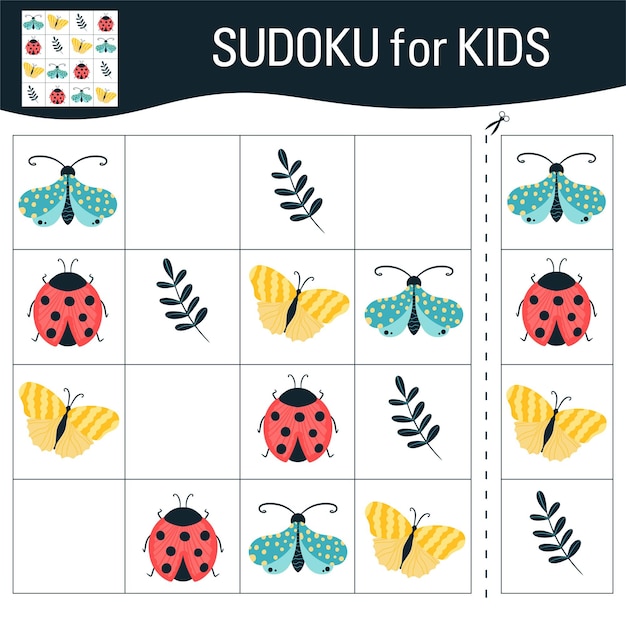Juego de Sudoku para niños con imágenes. Dibujos animados de mariposas, insectos y elementos del mundo natural. Vector.