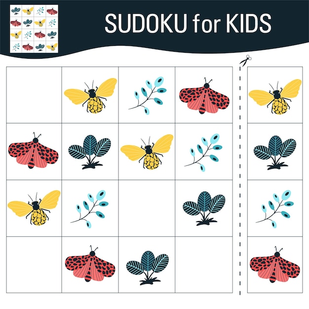 Juego de Sudoku para niños con imágenes. Dibujos animados de mariposas, insectos y elementos del mundo natural. Vector.