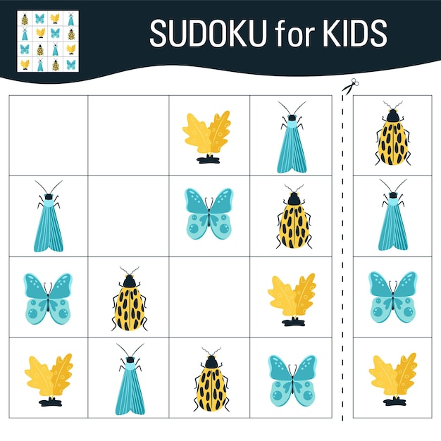 Juego de sudoku para niños con imágenes. dibujos animados de mariposas, insectos y elementos del mundo natural. vector.