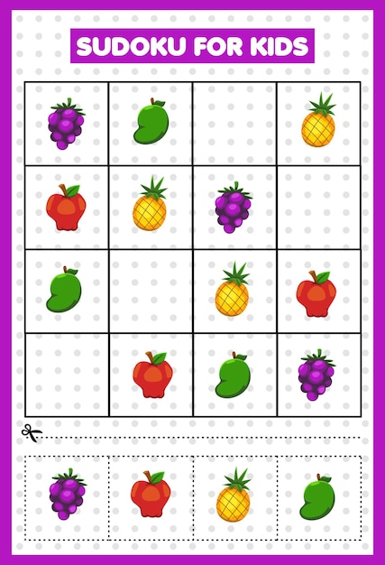 Juego de sudoku para niños con imágenes de frutas.