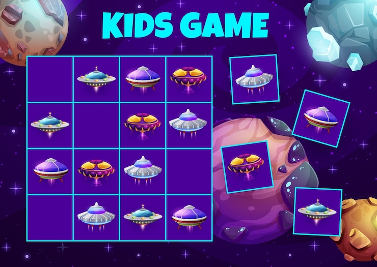 Vector juego de sudoku para niños con planetas espaciales y naves estelares.
