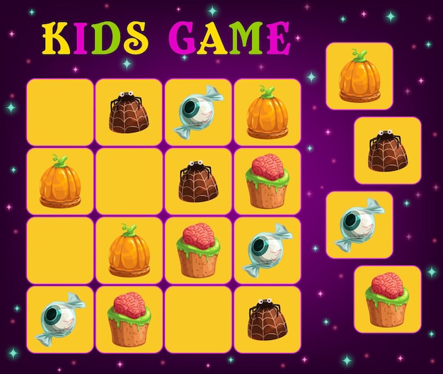 Juego de Sudoku para niños plantilla de vector con dulces de truco o trato de Halloween. Hoja de trabajo de rompecabezas educativo o acertijo lógico para niños en edad preescolar con caramelos de chocolate de dibujos animados, pasteles de calabaza y cupcakes