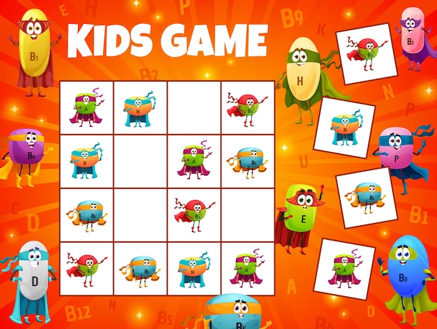 Vector juego de sudoku para niños con vitaminas de superhéroes de dibujos animados