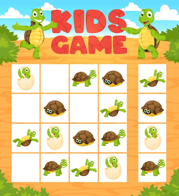 Juego de sudoku con personajes de animales de tortuga de dibujos animados
