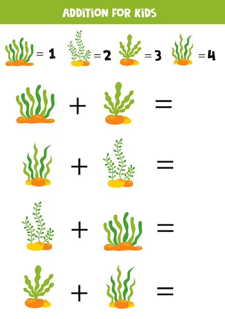 Juego de sumas con diferentes plantas marinas Juego educativo de matemáticas para niños en edad preescolar