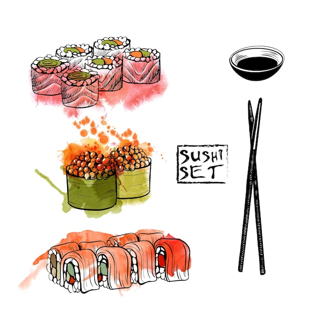 Juego de sushi. boceto y acuarela