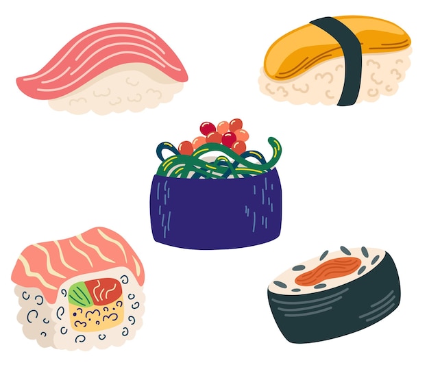 Juego de sushi Comida asiática Perfecta para restaurante cafetería e imprimir menús Ilustración de dibujos animados de dibujo a mano vectorial