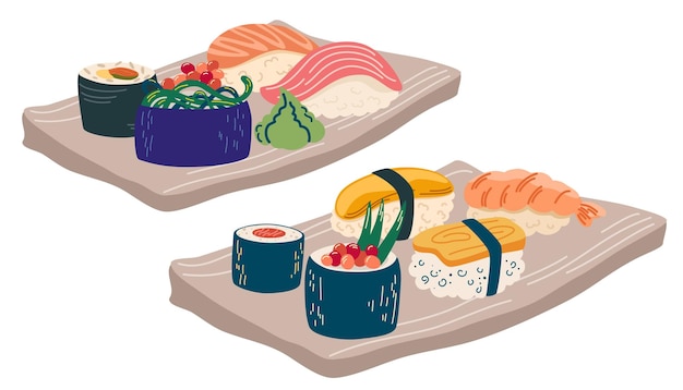 Juego de sushi Comida asiática Perfecta para restaurante cafetería e imprimir menús Ilustración de dibujos animados de dibujo a mano vectorial