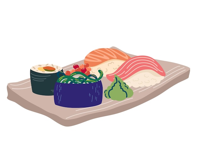 Juego de sushi Comida asiática Perfecta para restaurante cafetería e imprimir menús Ilustración de dibujos animados de dibujo a mano vectorial