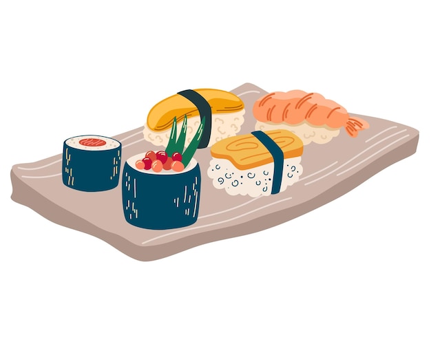 Juego de sushi Comida asiática Perfecta para restaurante cafetería e imprimir menús Ilustración de dibujos animados de dibujo a mano vectorial