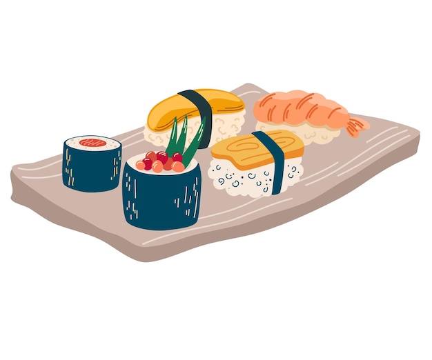 Vector juego de sushi comida asiática perfecta para restaurante cafetería e imprimir menús ilustración de dibujos animados de dibujo a mano vectorial