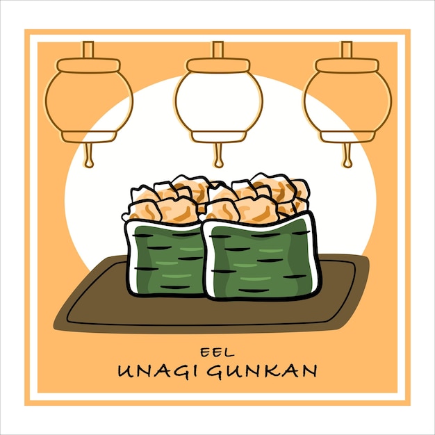 Un juego de sushi gunkan maki con anguila ahumada. Unagi maki roll ilustración con fondo oriental.